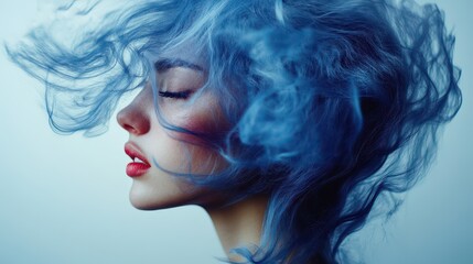 Fototapeta premium A woman with vibrant blue hair dances in the breeze, her locks flowing gracefully around her face. She wears a light, flowing dress, embodying freedom and joy against a sunny backdrop.