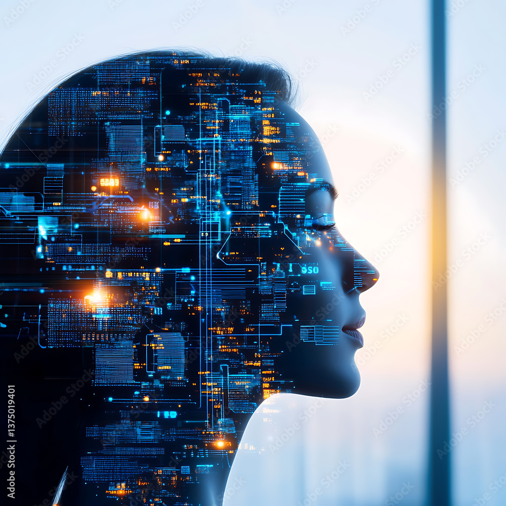 Poster exploring technological innovations human profile with digital data overlay studio digital art close
