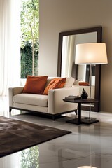 Modern Living Room Interior with Comfortable Sofa and Stylish Floor Lamp
