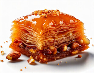 Baklava honey nuts close-up on a white background