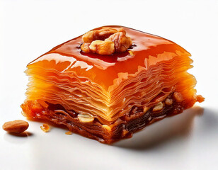 Baklava honey nuts close-up on a white background
