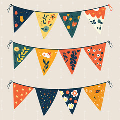 Obraz premium Festive Decorative String Flags with Handcrafted Botanical Motifs – Vector Graphic