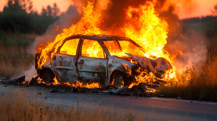 Car accident on the road with a bit of fire