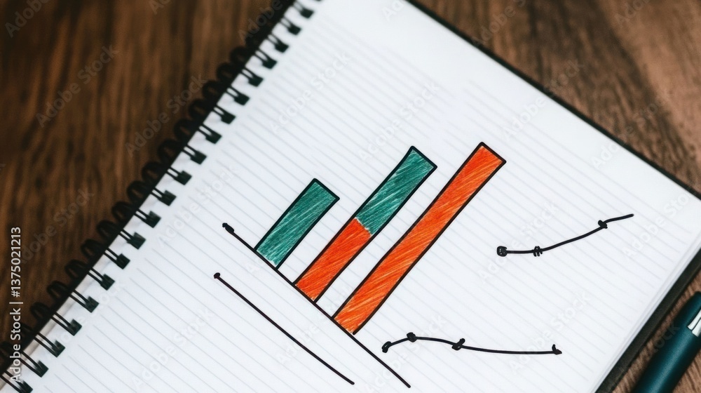 Poster colorful hand-drawn bar graph and line chart on a spiral notebook page with pen and wooden table bac