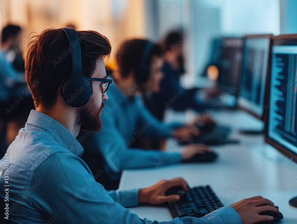 Aufkleber focused young professionals wearing headphones working on computers in a modern office environment, 