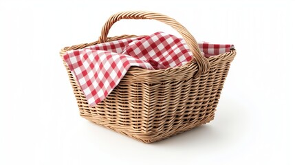 Obraz premium A wicker picnic basket with a red and white checkered cloth napkin draped inside, isolated on crisp white