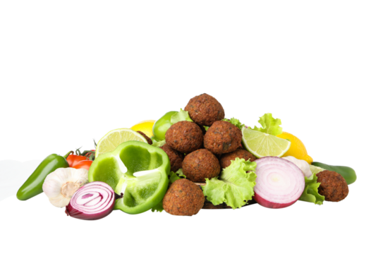 PNG falafel with vegetables isolated on white background.