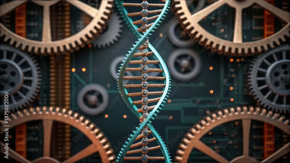 Poster mechanical helix merging with gears and technology elements