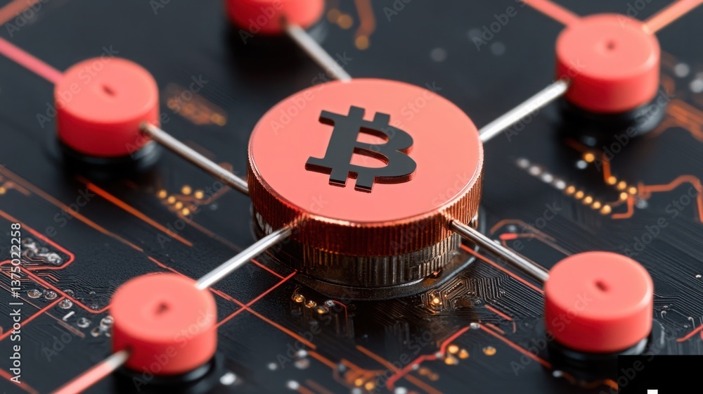Poster close-up of cryptocurrency symbol in digital network with futuristic technology elements and bright 