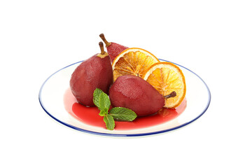 PNG, Pears in wine with orange slices on plate, isolated on white background