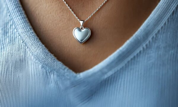 Silver heart pendant on a delicate chain, worn against a light blue top. Soft natural lighting highlights the jewelry