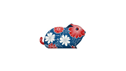 Floral Guinea Pig Illustration Red and White Flowers on Blue Background