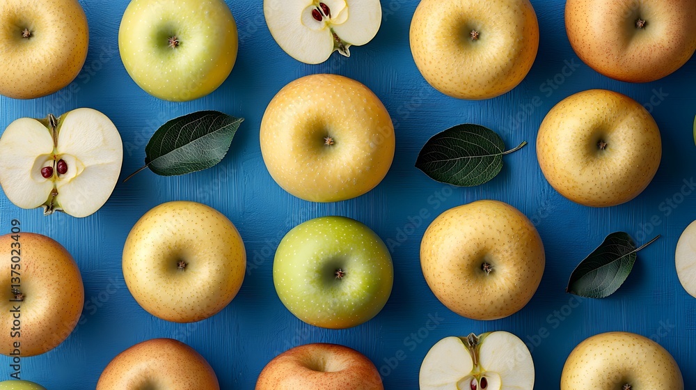 Poster fresh apples arranged in a pattern on a blue surface