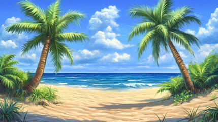 Obraz premium serene beach scene with palm trees and ocean waves