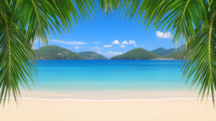 Fototapeta premium serene beach view framed by palm leaves, showcasing clear blue
