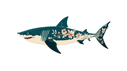 Obraz premium Ornate Great White Shark Floral Aquatic Design