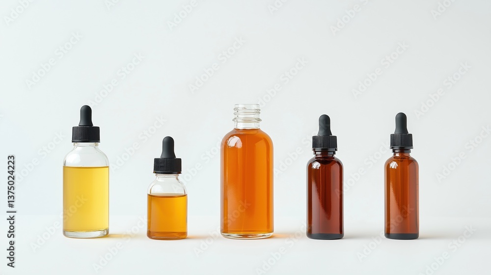 Poster group of five small glass dropper bottles of different sizes and shapes. the bottles are arranged in