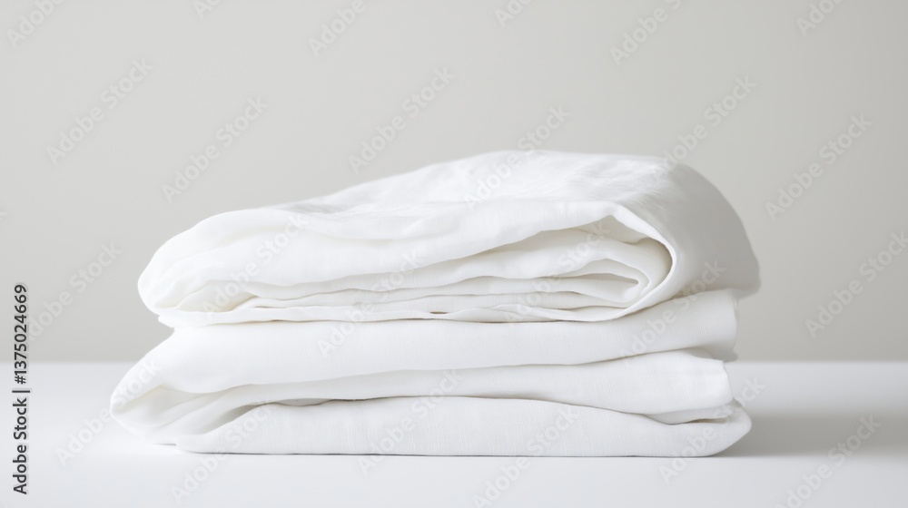 Poster stack of folded white sheets on a white surface. the sheets are neatly folded and stacked on top of 