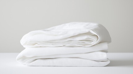 Stack of folded white sheets on a white surface. the sheets are neatly folded and stacked on top of each other, creating a neat and tidy appearance.