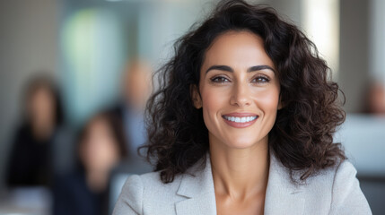 Fototapeta premium Confident businesswoman smiling in professional setting, showcasing leadership and positivity