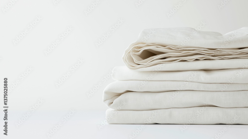 Poster stack of folded white sheets on a white background. the sheets are neatly folded and stacked on top 