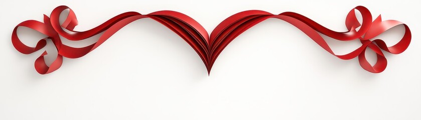 A vibrant red ribbon elegantly drapes across a pristine white background, showcasing its rich color and smooth texture. The ribbon's soft sheen catches the light, adding depth and dimension.