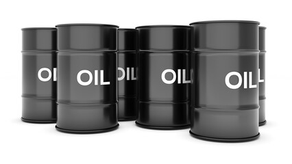 Oil barrels on white background , Oil price affects finance business travel and transportation , Energy cost in business , 3d rendering