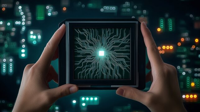 Hands Holding a Modern Circuit Board with Neon Light Background - Powered by Adobe