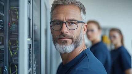 Experienced IT professional overseeing cybersecurity measures in modern data center