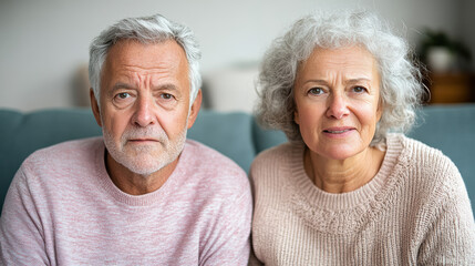 concerned elderly couple sitting together couch, displaying expressions of worry and