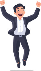 Happy businessman celebrating success with joyful expressions and energetic movements cartoon isolated on transparent background. Vector illustration.
