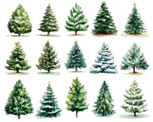 Fototapeta premium A vibrant collection of watercolor Christmas trees, showcasing various shades of green, adorned with colorful ornaments and twinkling lights, set against a soft, snowy background.