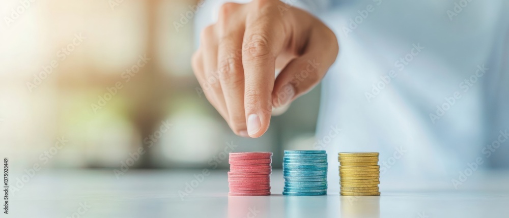 Poster minimalist financial strategy empowering investment insights with color-coded coin stacks - smart we