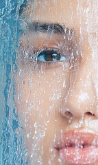 Fototapeta premium Climate Resilience Aesthetic Gen Z Emotional Storytelling through Hyper-Realistic Water Texture Portrait - Atmospheric Wellness and Survival Visual Narrative