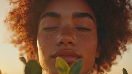 Mindful Earth Day Serenity Golden Hour Botanical Wellness Portrait - Gen Z Sustainability and Holistic Self-Care Visual Narrative