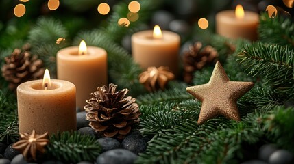 Cozy Christmas Candlescape: A Festive Arrangement of Warm Lights and Winter Accents