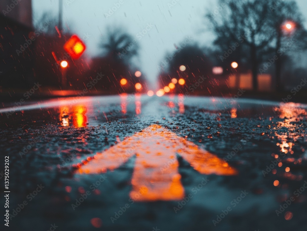 Poster rainy urban momentum illuminated road markings in moody tech-driven landscape - cinematic navigation