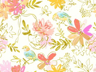 Seamless pattern of hand-drawn carnations, birds and botanical elements with gold line art. A botanical textile design for wedding items with gold line art.