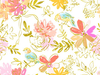 PNG seamless pattern of hand-drawn carnations, birds and botanical elements with gold line art. A botanical textile design for wedding items with transparent background.