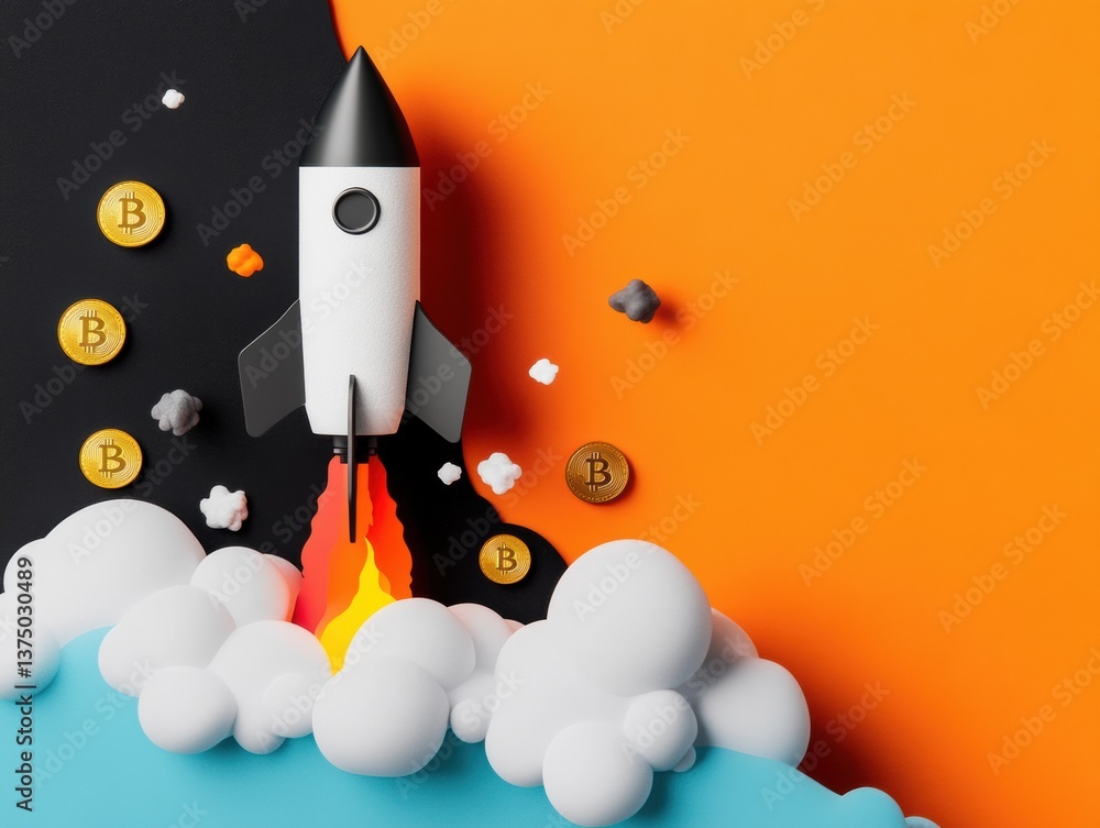 Poster Crypto Rocket Launch Minimalist Visualization of Bitcoin Investment Acceleration with Vibrant Digital Branding for Next-Gen Financial Innovators