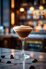 Espresso Martini Cocktail on Marble Bar Top with Coffee Beans