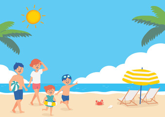 夏のビーチとファミリーの背景イラスト