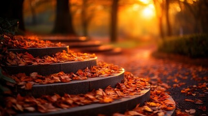 Autumnal steps covered in fallen leaves, bathed in warm sunlight.  A tranquil park scene, showcasing the beauty of fall