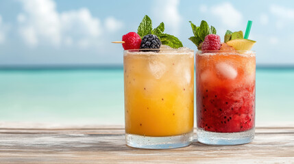 Refreshing cocktails with vibrant fruits and mint leaves, perfect for tropical getaway