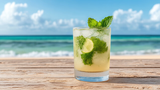 Refreshing mojito cocktail with mint leaves and lime on wooden table by beach - Powered by Adobe