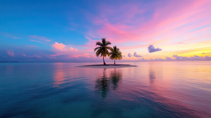 Obraz premium serene tropical island sunrise, featuring palm trees and colorful sky reflecting calm waters