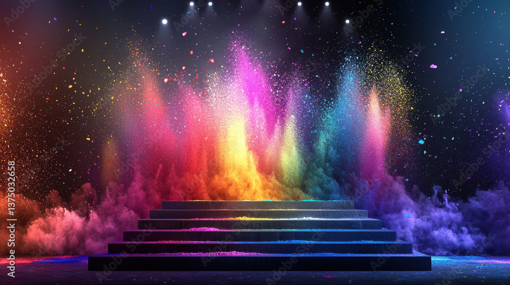 Poster vibrant podium is illuminated by colorful smoke and dust, creating stunning visual display that capt