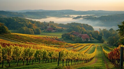 Naklejka premium Autumnal vineyard landscape with mist-shrouded valley