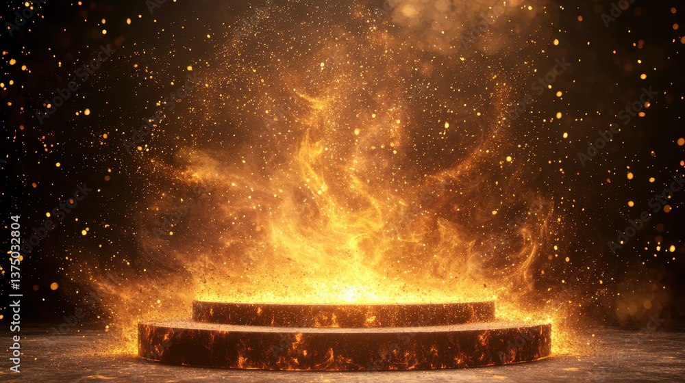 Poster mesmerizing podium surrounded by swirling flames and sparkling particles creates captivating atmosph