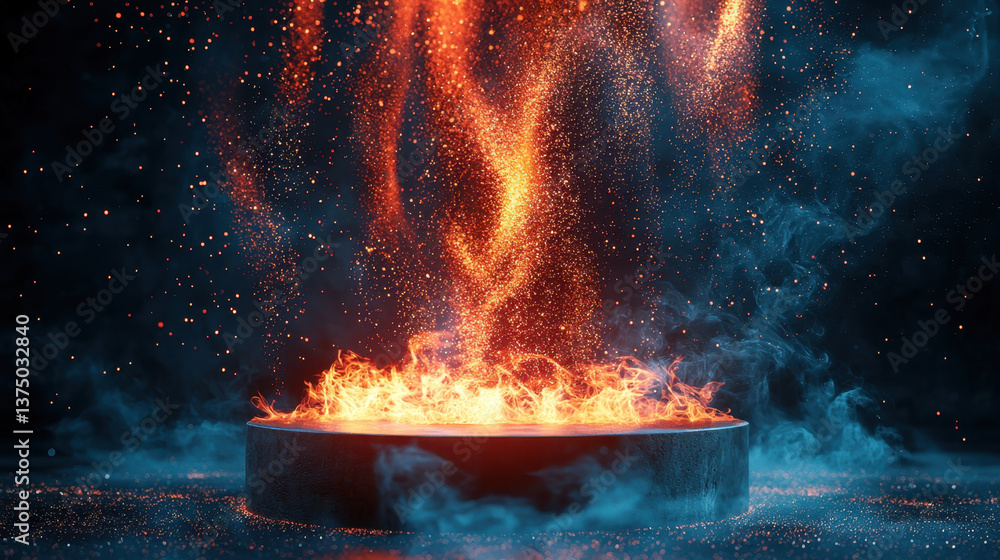 Poster mesmerizing display of flames and glowing embers rises from circular podium, creating enchanting atm